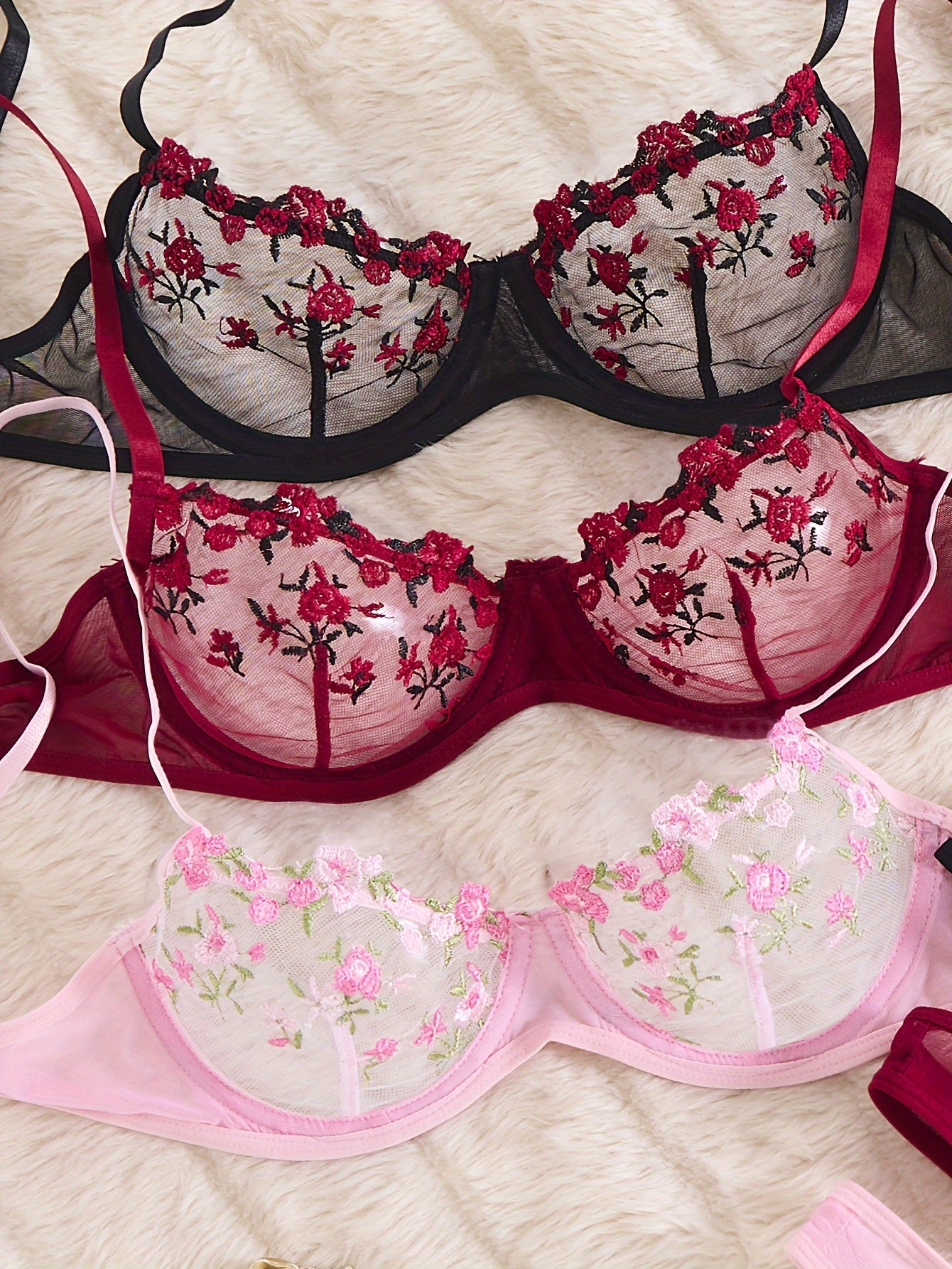 3 Sets Sexy Lingerie Set, Floral Embroidery Mesh Semi Sheer ./MH