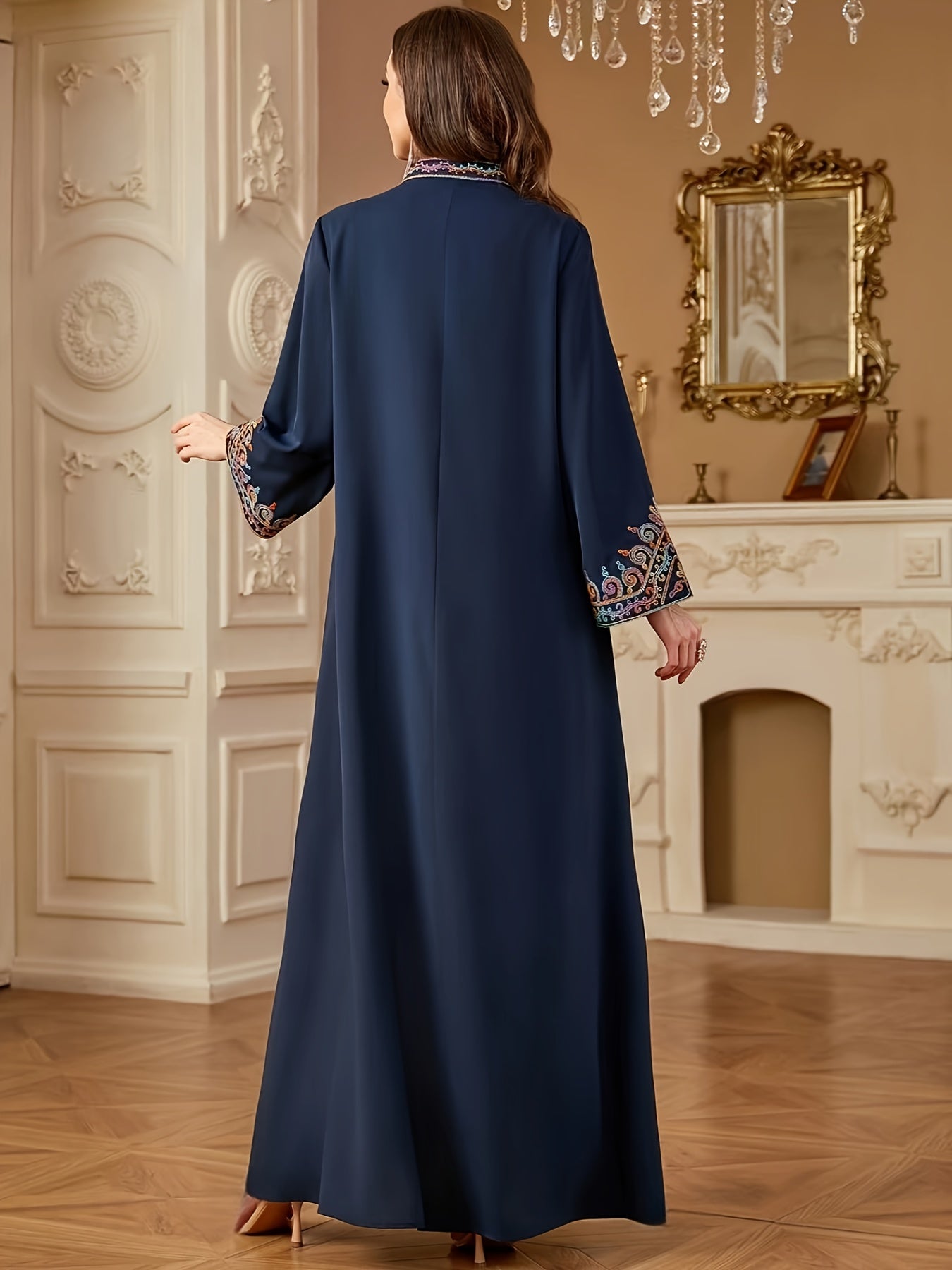 Elegant Light Blue Abaya with Intricate Floral Patterns - Long Sleeve, V-Neck, /MH