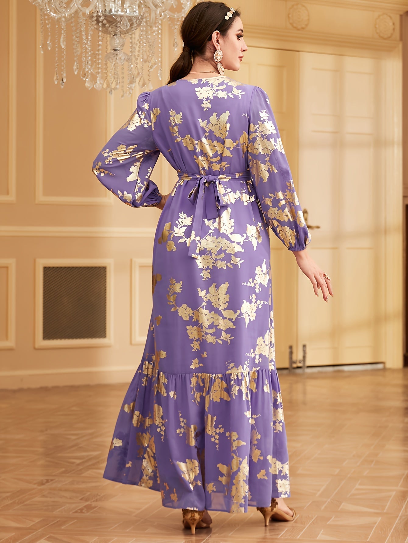 Bronzing V-neck Kaftan Dress, Elegant Long Sleeve 'MH