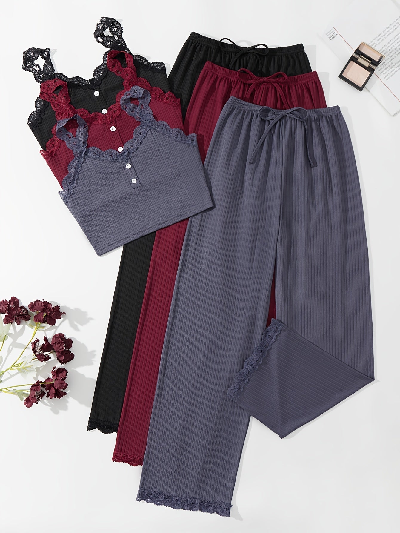 3 Sets Lace Trim Lounge Set,