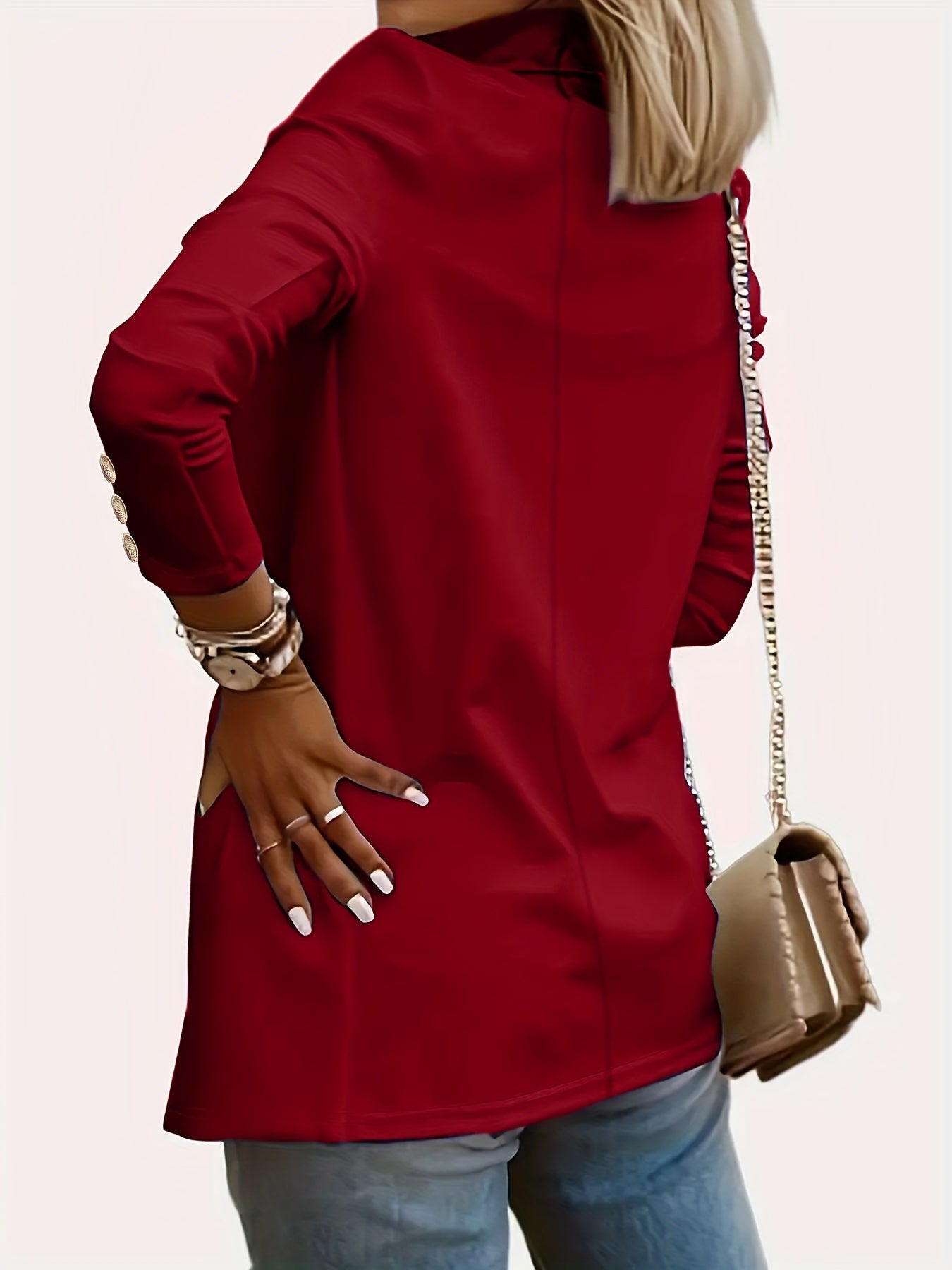 Solid Open Front Lapel Blazer, Elegant Button Decor Long Sleeve Blazer.