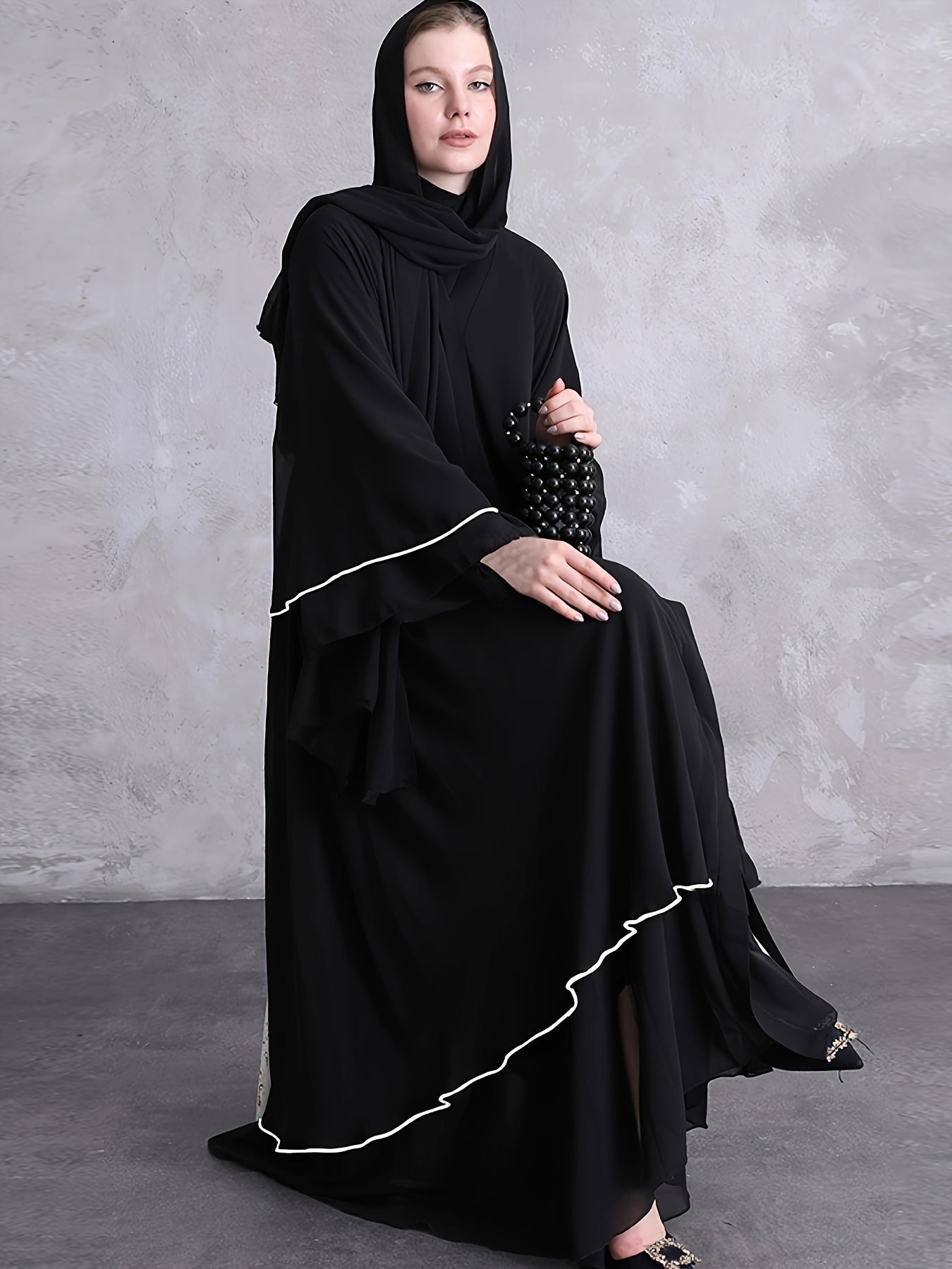 Contrast Trim Long Flare Sleeve Kaftan Dress, /MH