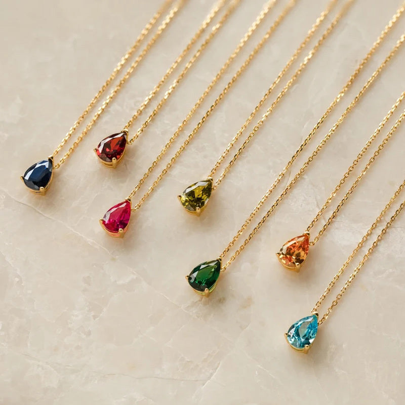 Colorful Water Drop Pendant Necklace Embellished With Birthstones Elegant Bohemian Style Personality Gift For Women