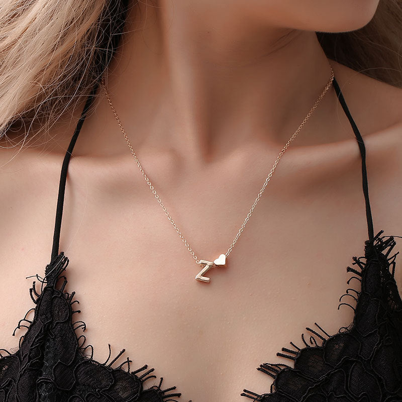 Initial Letter Heart Pendant Clavicle Chain Necklace