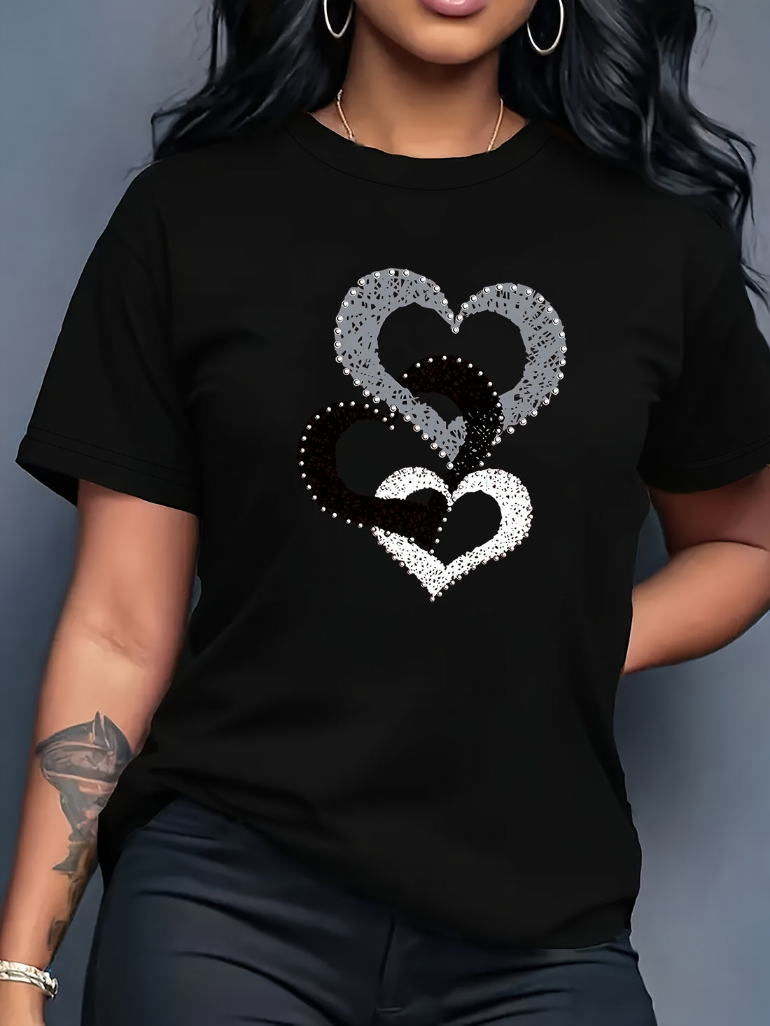 Women's Casual Short Sleeve T-Shirt with Overlapping Heart Print.