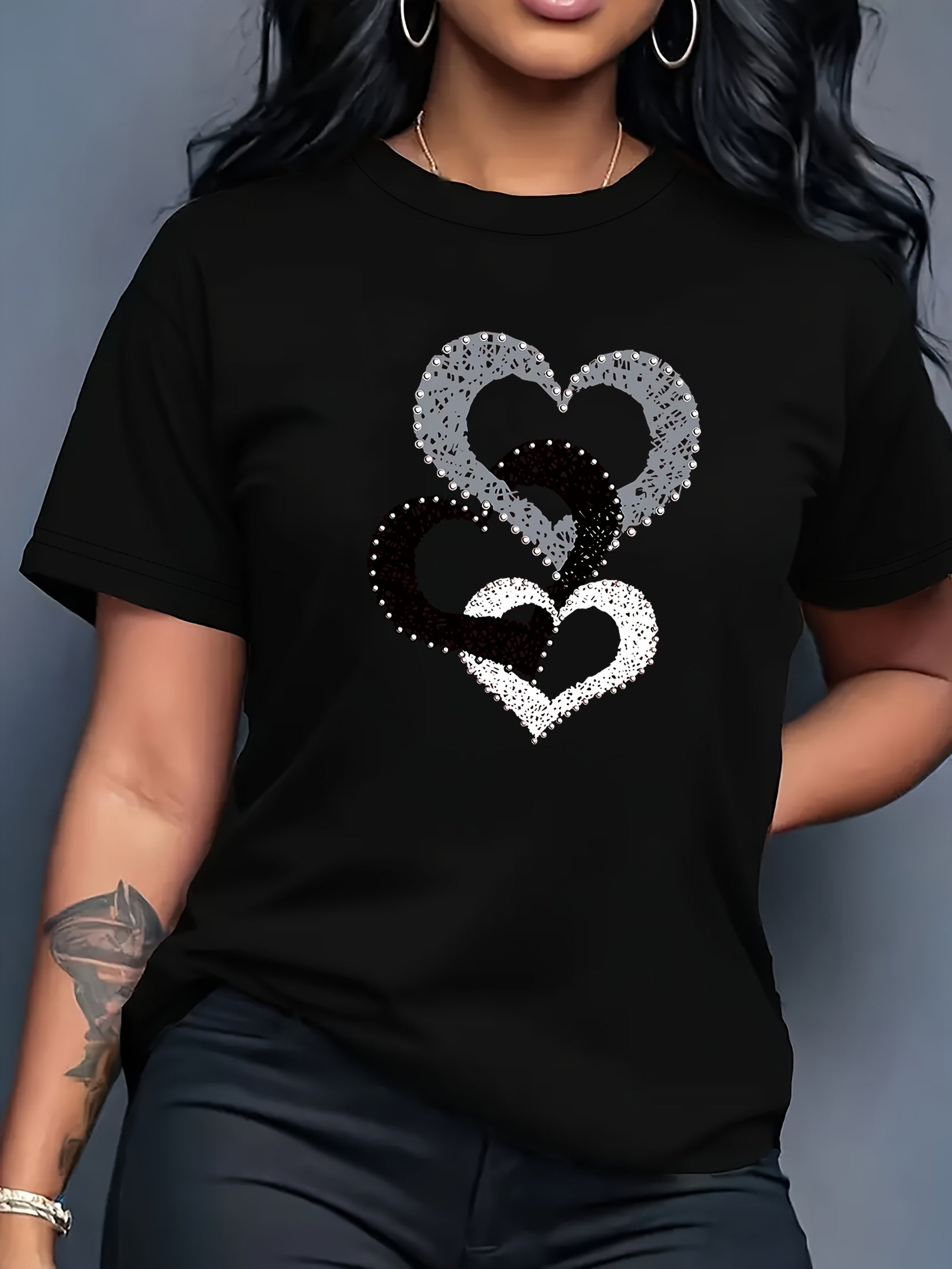 Women's Casual Short Sleeve T-Shirt with Overlapping Heart Print.