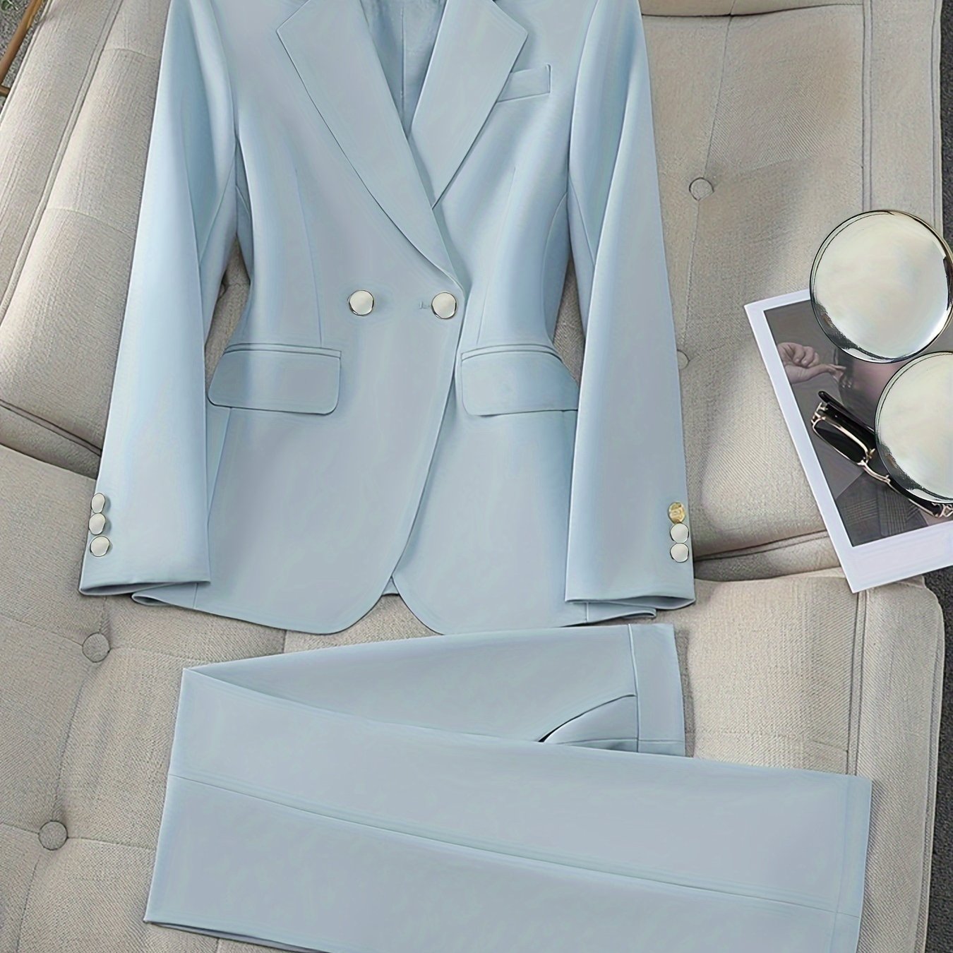 Elegant Solid Two Piece Set, Double-Breasted Label Neck Blazer.