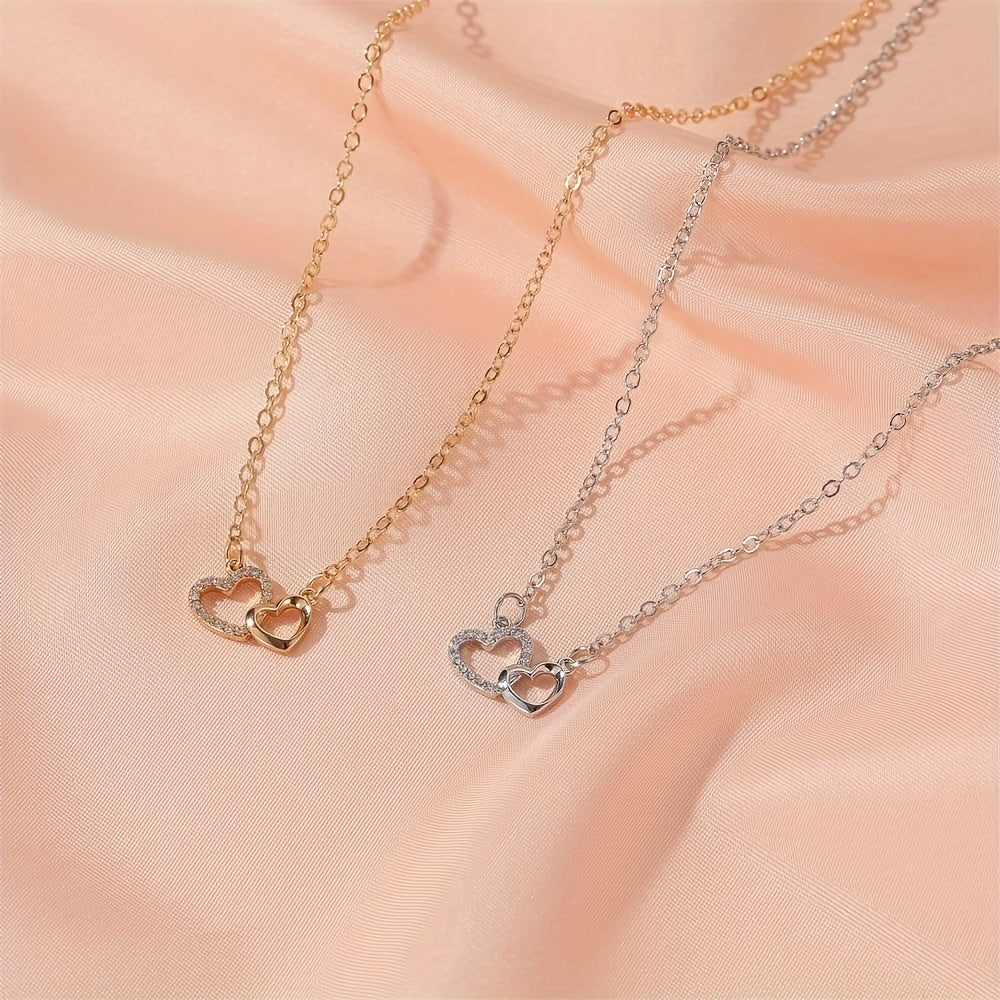 Sparkling Double Heart Pendant Necklace, Perfect Gift For Men And Women