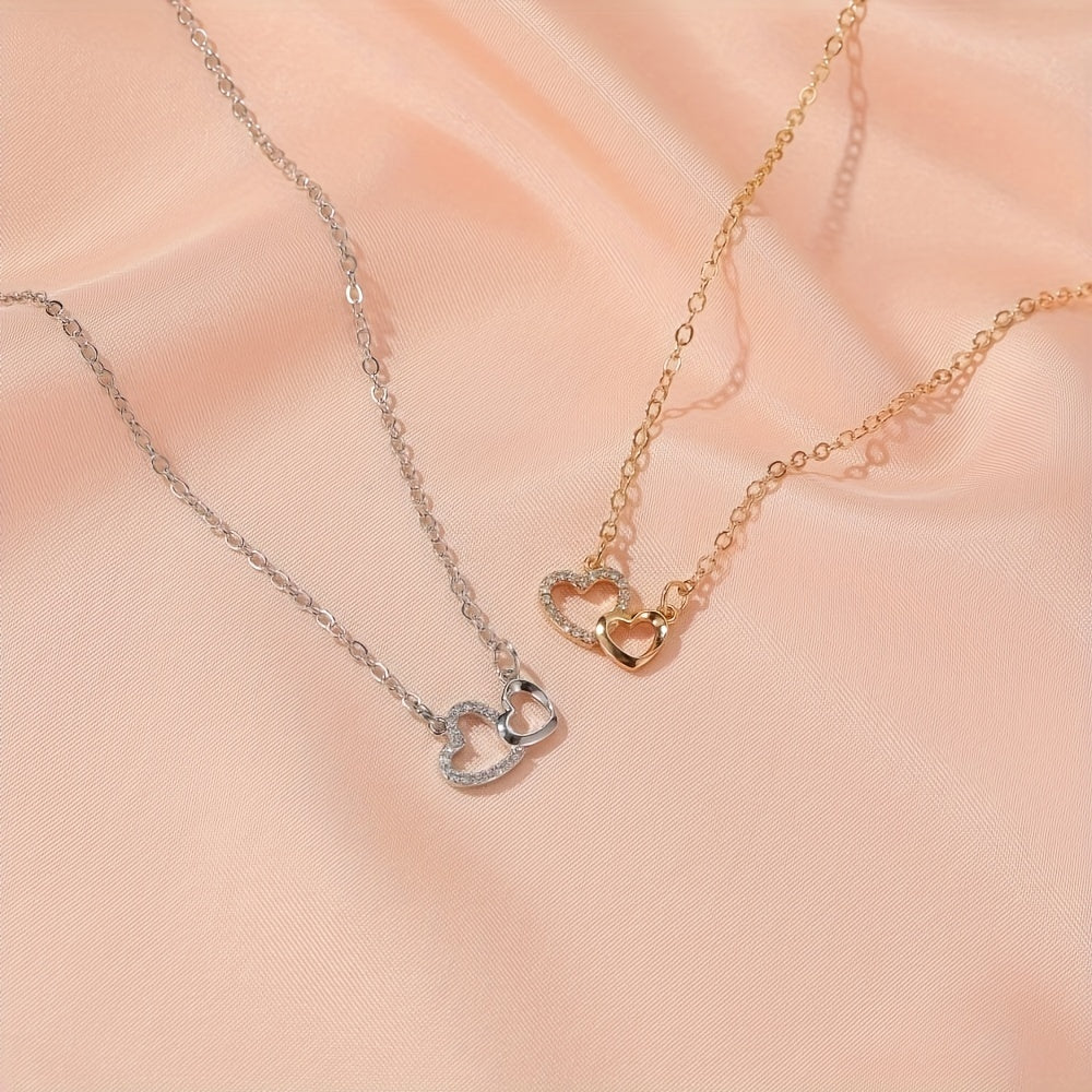 Sparkling Double Heart Pendant Necklace, Perfect Gift For Men And Women