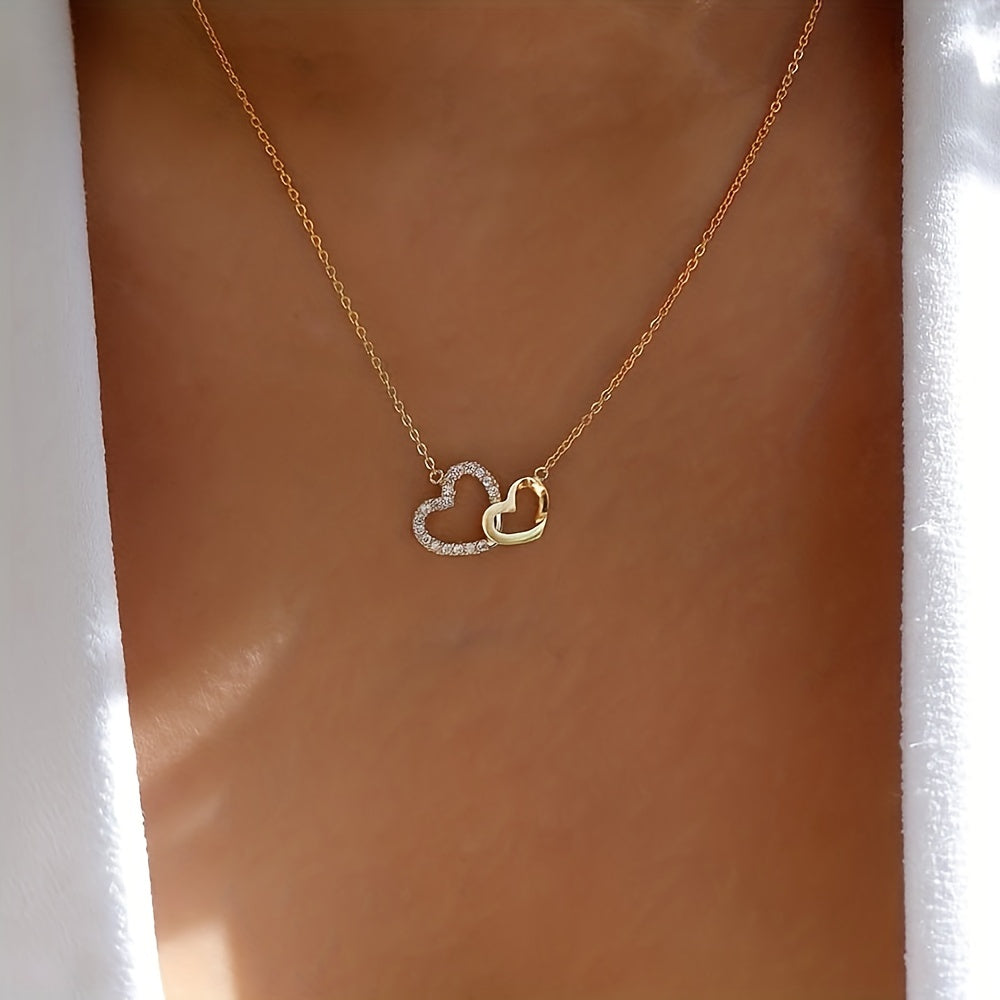 Sparkling Double Heart Pendant Necklace, Perfect Gift For Men And Women