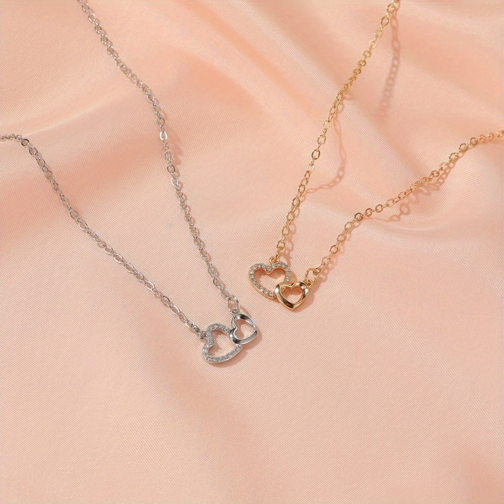 Sparkling Double Heart Pendant Necklace, Perfect Gift For Men And Women