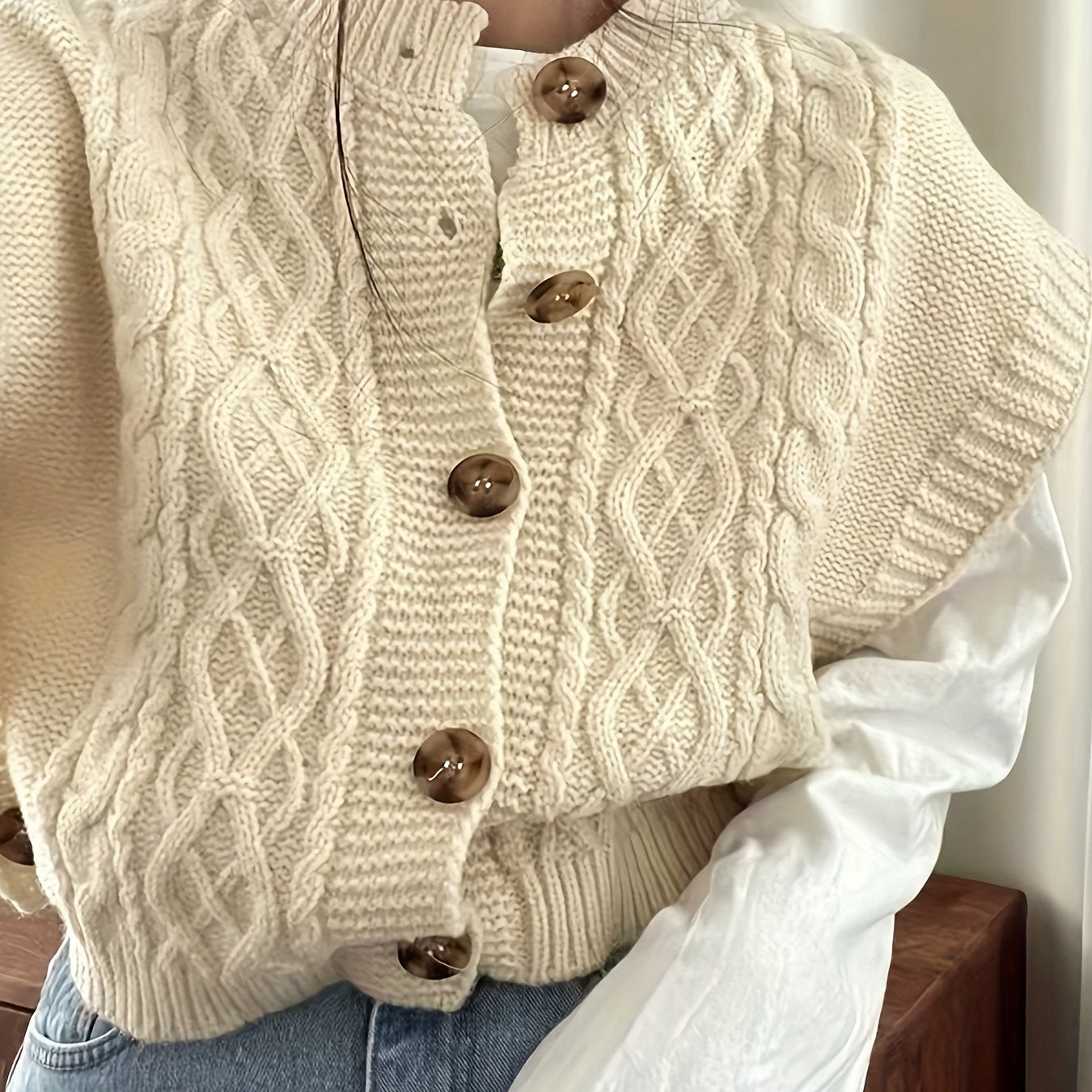 Front Knitted Vest Sweater, Casual Crew Neck Sleeveless Sweater.