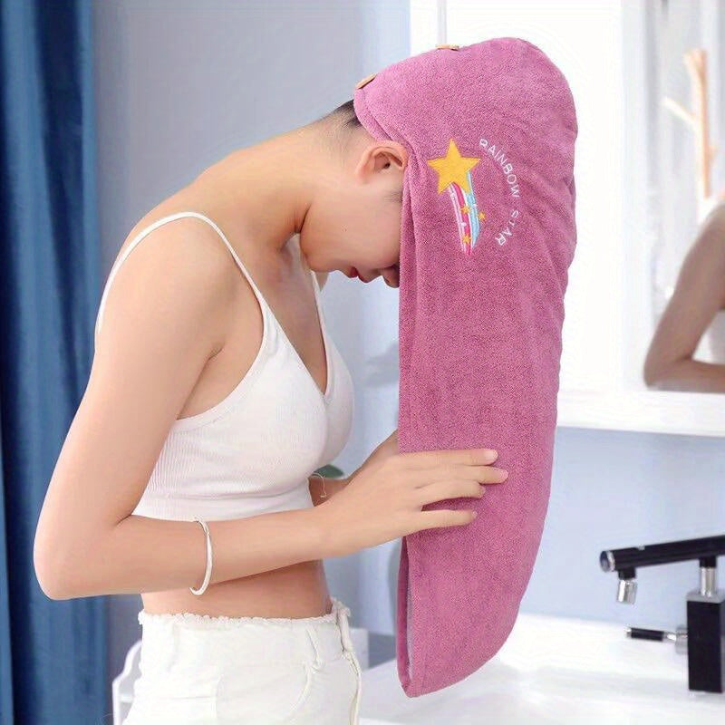 1/2/3pcs Rainbow Embroidered Hair Towel With Button, Soft Hair Drying Cap, Cute Solid Color Hair Towel For Bathroom, Absorbent Quick Drying Hair Wrap Towel For Women, Bathroom Supplies