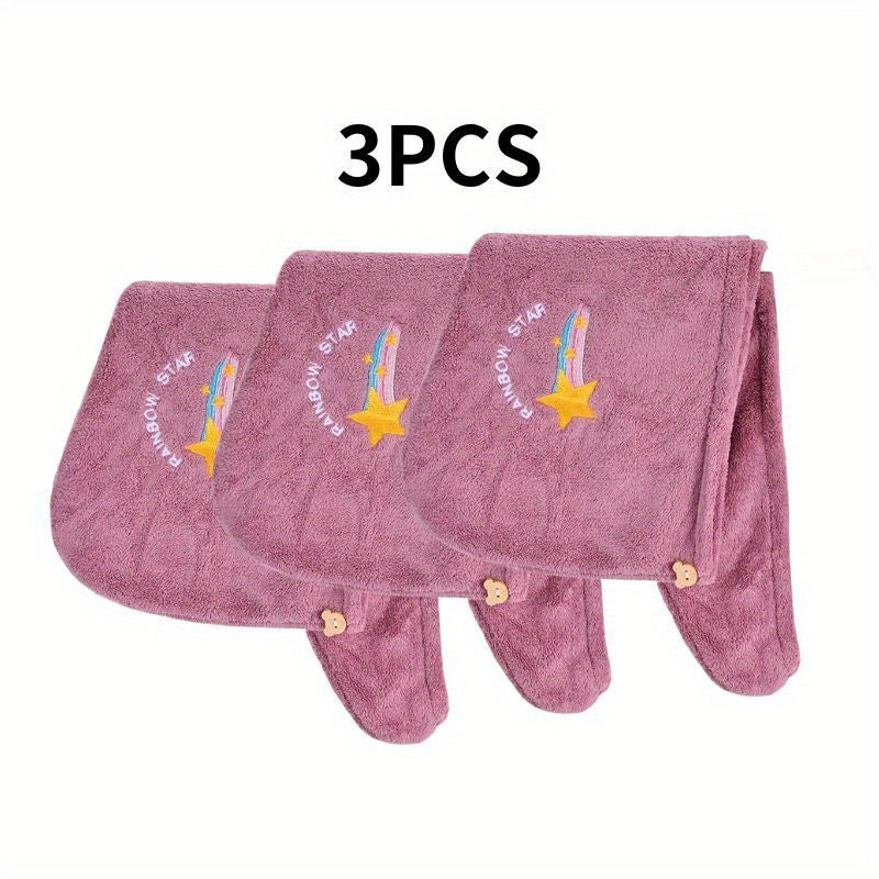 1/2/3pcs Rainbow Embroidered Hair Towel With Button, Soft Hair Drying Cap, Cute Solid Color Hair Towel For Bathroom, Absorbent Quick Drying Hair Wrap Towel For Women, Bathroom Supplies