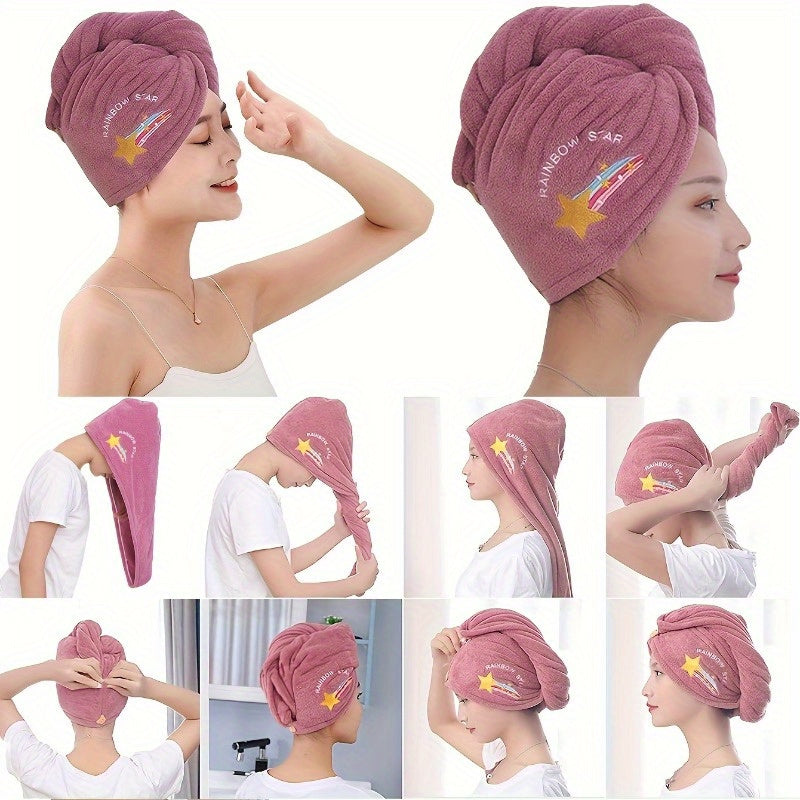 1/2/3pcs Rainbow Embroidered Hair Towel With Button, Soft Hair Drying Cap, Cute Solid Color Hair Towel For Bathroom, Absorbent Quick Drying Hair Wrap Towel For Women, Bathroom Supplies