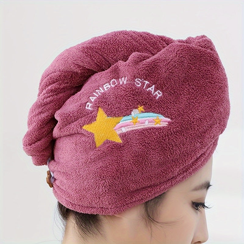 1/2/3pcs Rainbow Embroidered Hair Towel With Button, Soft Hair Drying Cap, Cute Solid Color Hair Towel For Bathroom, Absorbent Quick Drying Hair Wrap Towel For Women, Bathroom Supplies