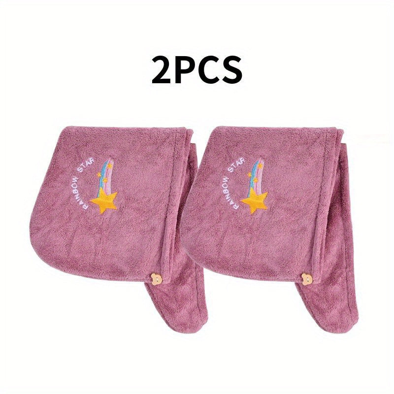 1/2/3pcs Rainbow Embroidered Hair Towel With Button, Soft Hair Drying Cap, Cute Solid Color Hair Towel For Bathroom, Absorbent Quick Drying Hair Wrap Towel For Women, Bathroom Supplies