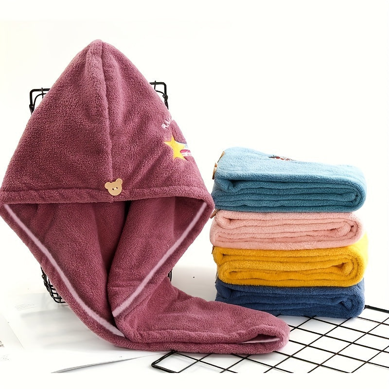 1/2/3pcs Rainbow Embroidered Hair Towel With Button, Soft Hair Drying Cap, Cute Solid Color Hair Towel For Bathroom, Absorbent Quick Drying Hair Wrap Towel For Women, Bathroom Supplies
