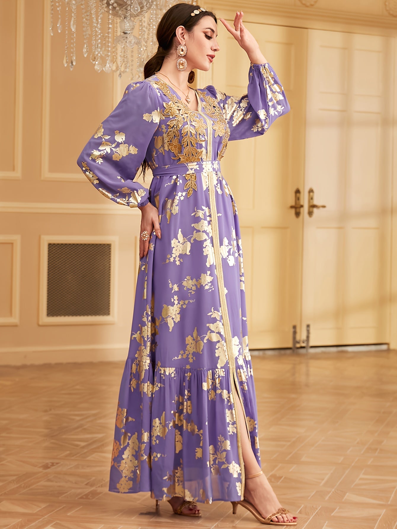 Bronzing V-neck Kaftan Dress, Elegant Long Sleeve 'MH