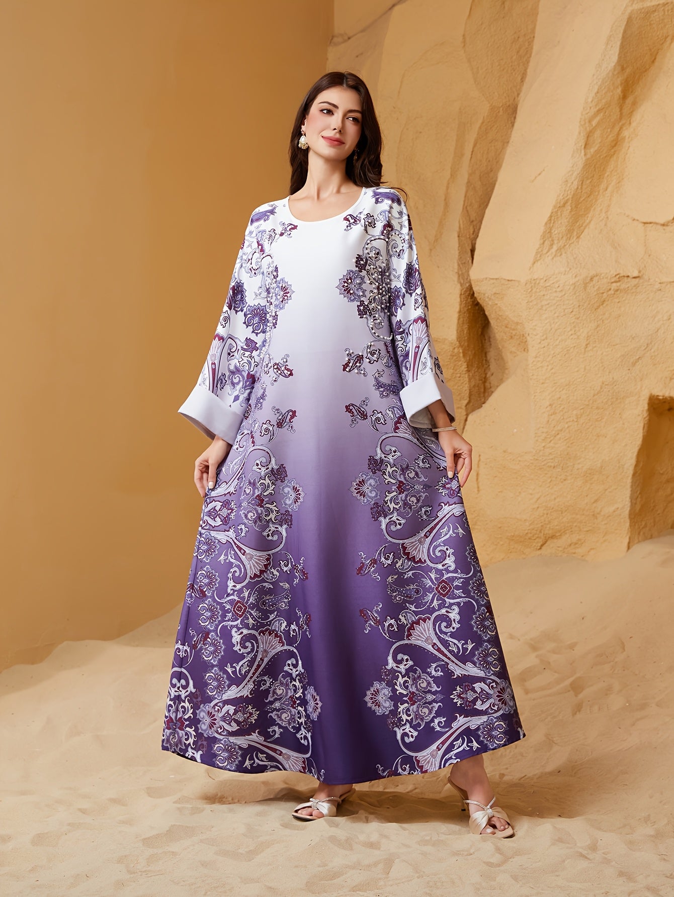 Elegant Purple Floral Print Abaya Dress for Women -/MH