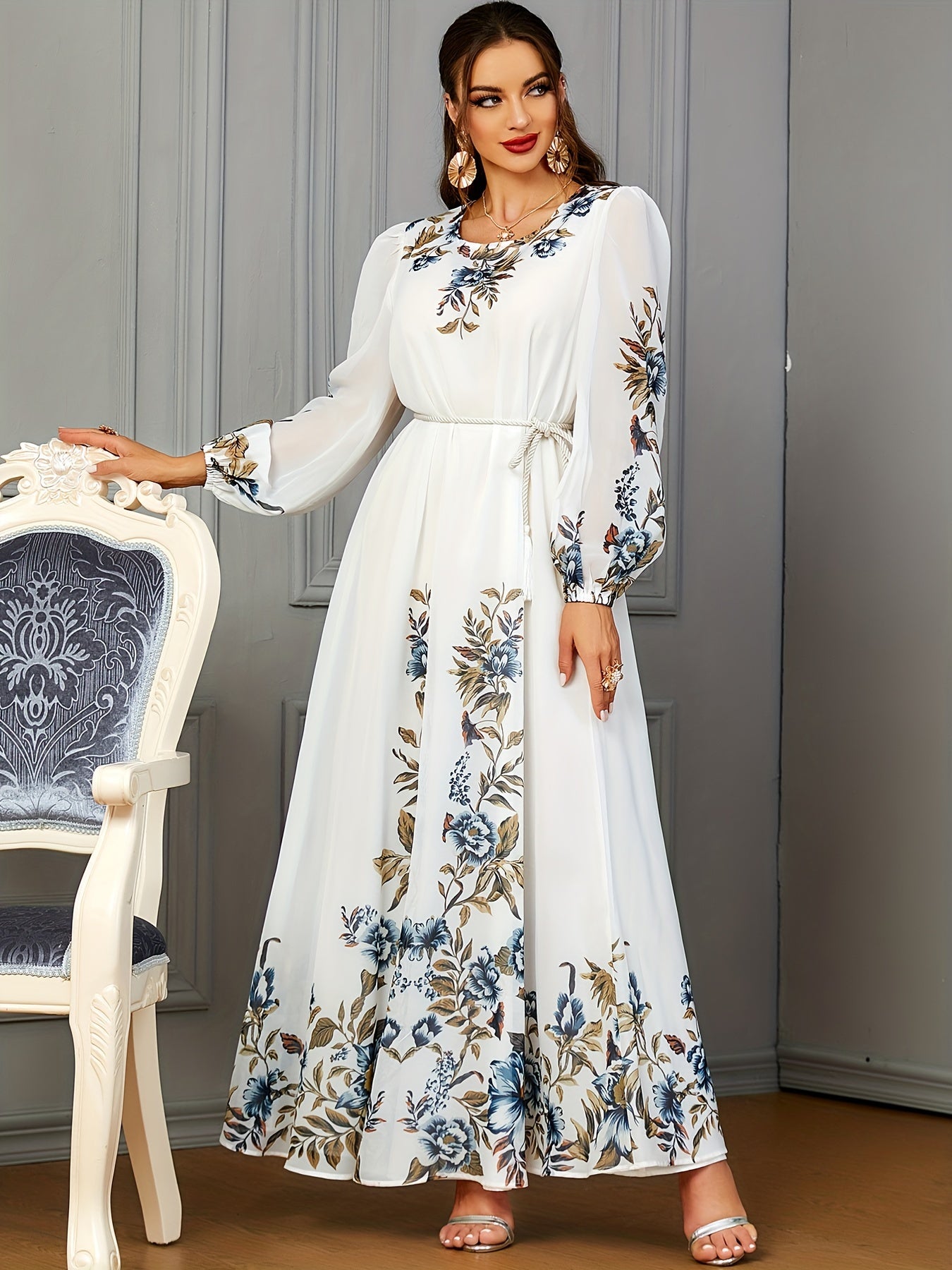 Floral Print Long Sleeve Kaftan Dress, women fashion'/MH