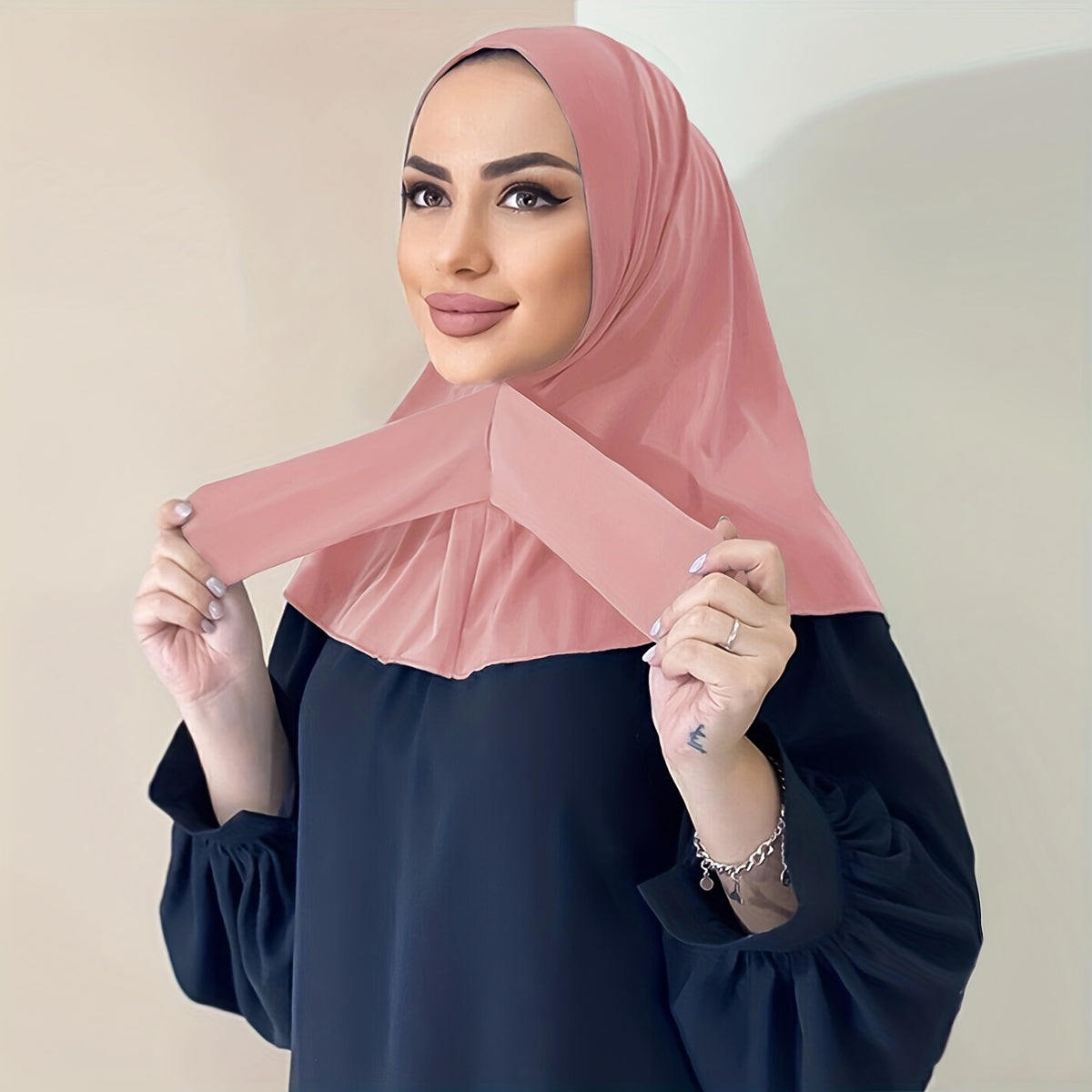 Solid Color Hijab Snap Button Adjustable Headscarf Casual Elastic '/MH