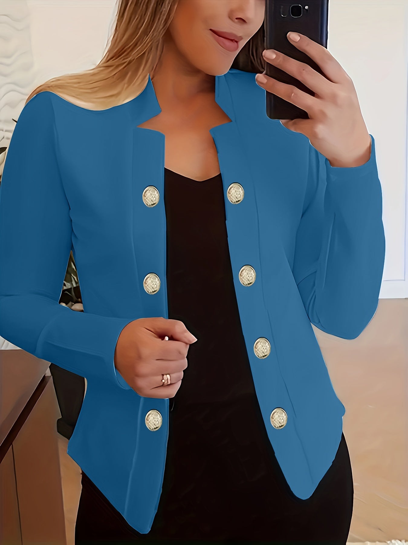 Button Decor Open Front Blazer, Casual Long Sleeve.