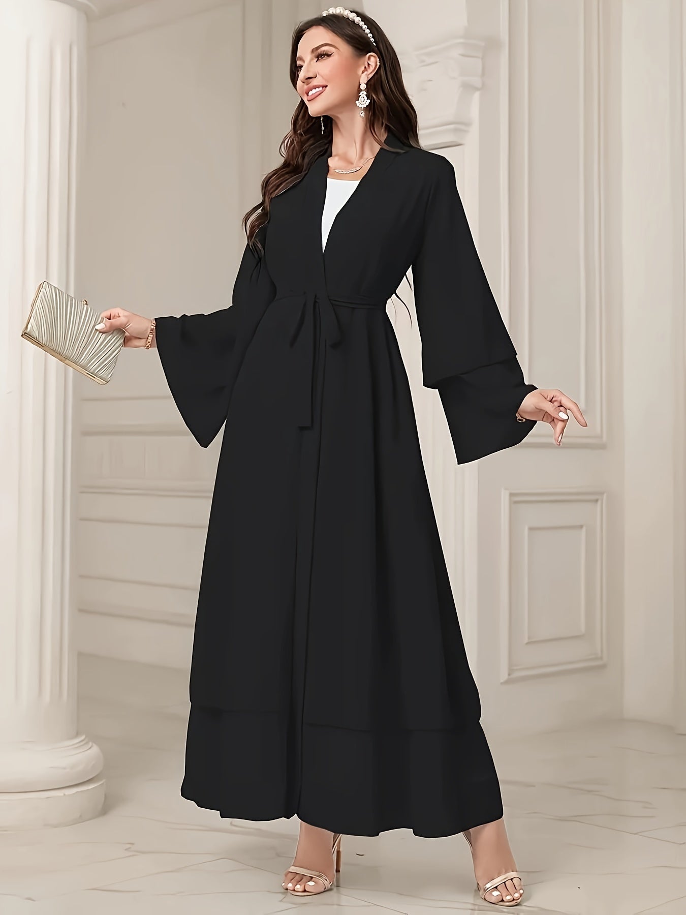 Solid Color Tie Waist Modest Dress, Elegant Layered Hem Maxi '/MH