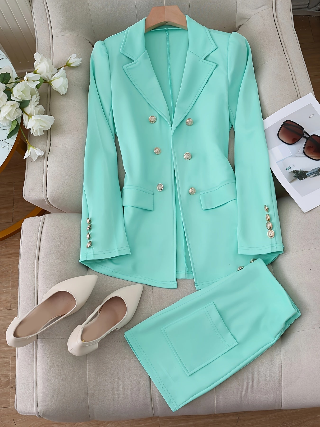 Two-Piece Floral Print Suit Set - Elegant Double Breasted Blazer.