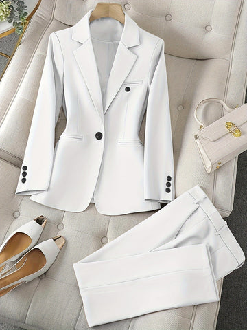Solid Color Button Front Blazer, Elegant Lapel Long Sleeve Blazer.