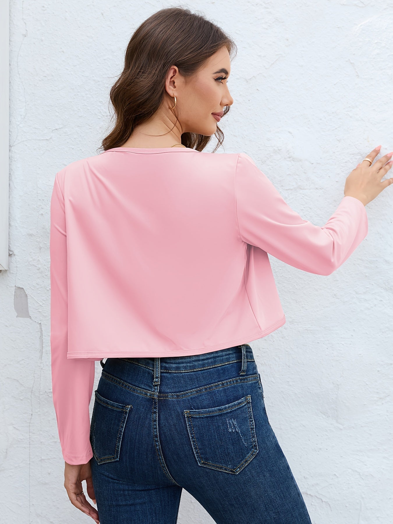 Solid Open Front Blazer, Casual Long Sleeve Crop Blazer For Work,