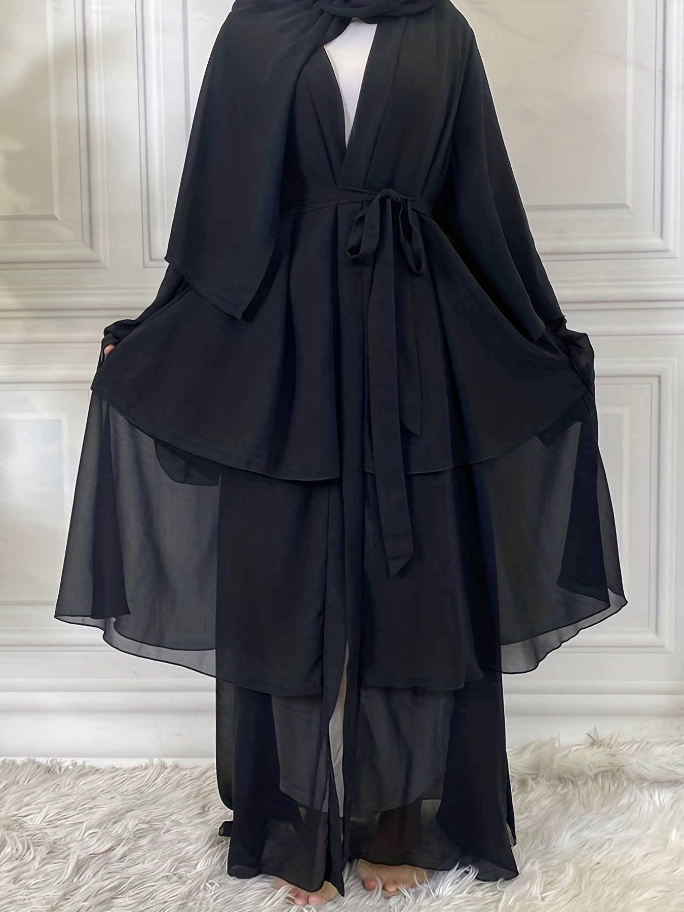 Layered Open Front Modest Dress, Long Sleeve Muslim Dress'/MH