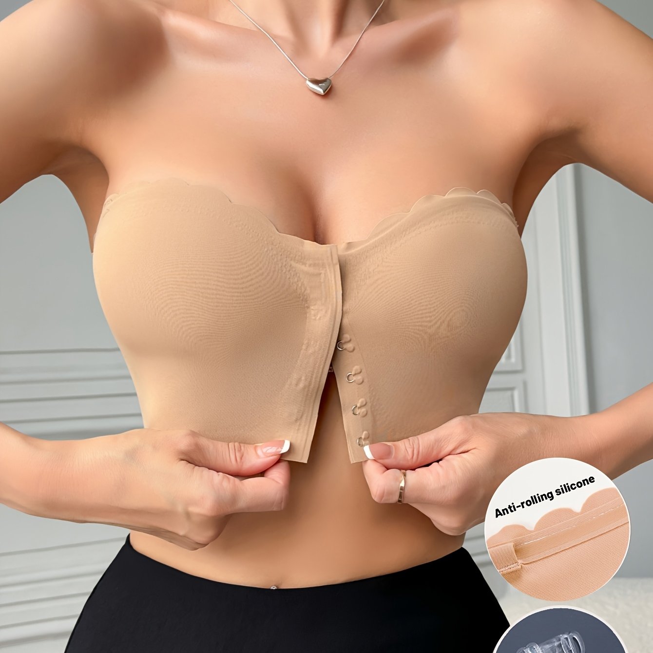 Solid Seamless Strapless Front Closure Wireless Strapless Bra,/MH