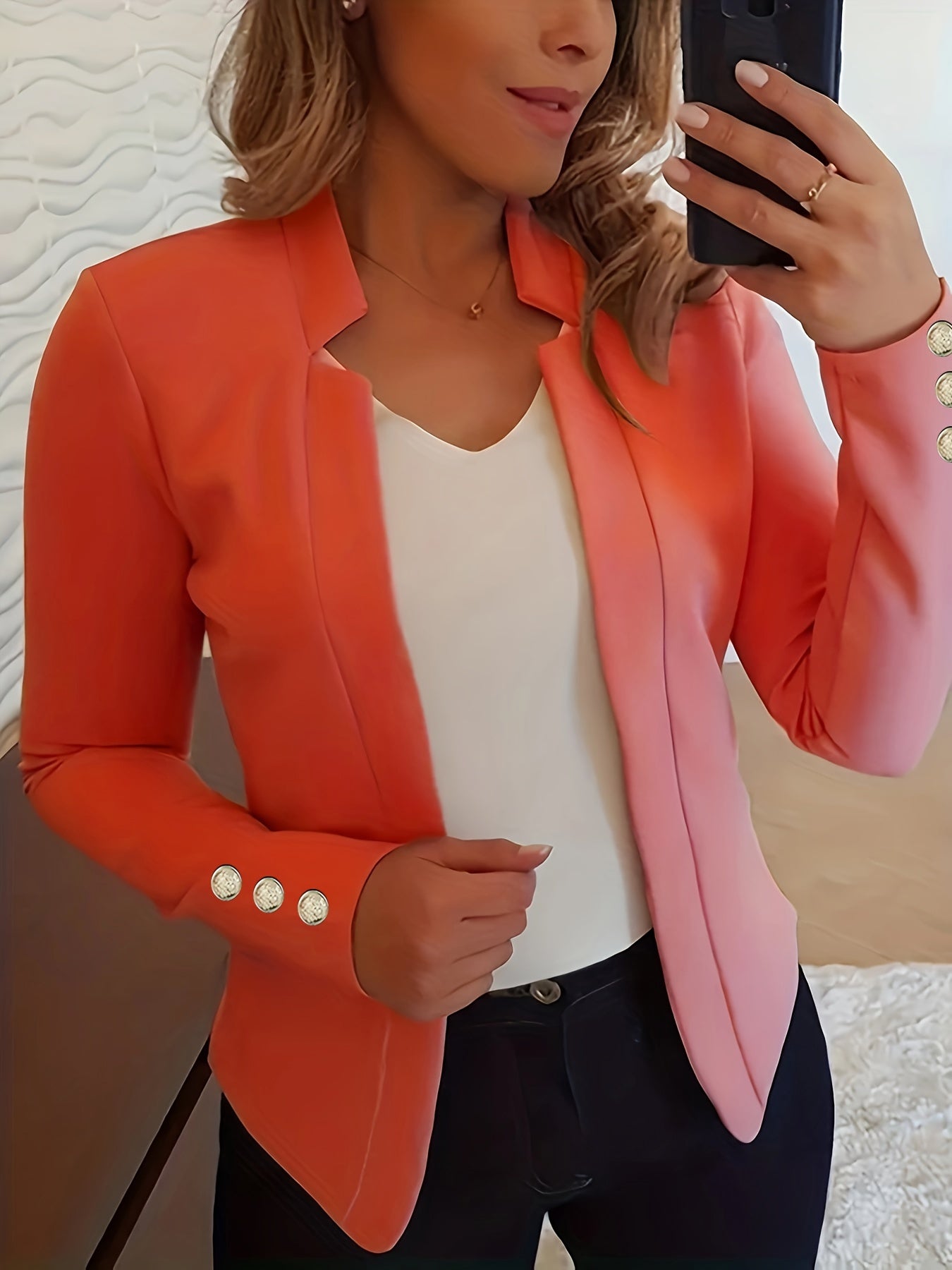 Solid Open Front Button Decor Blazer, Elegant Long Sleeve Blazer.