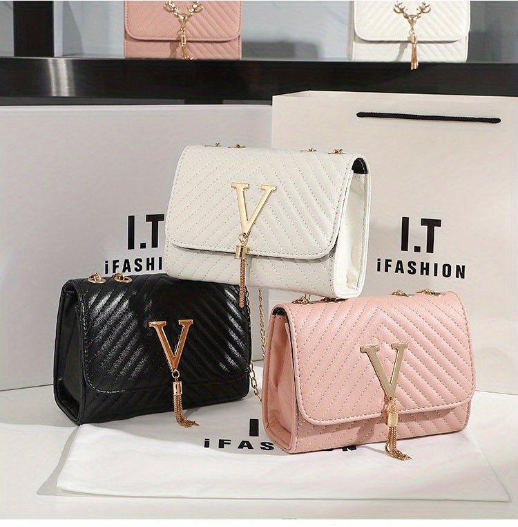Classic Tassel Decor Mini Shoulder Bag, Quilted Detail Flap Chain Bag For Women,