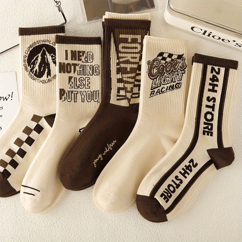 1/5/8 Pairs Women's Versatile Retro Letter Pattern Medium Tube Sport Socks,/MH