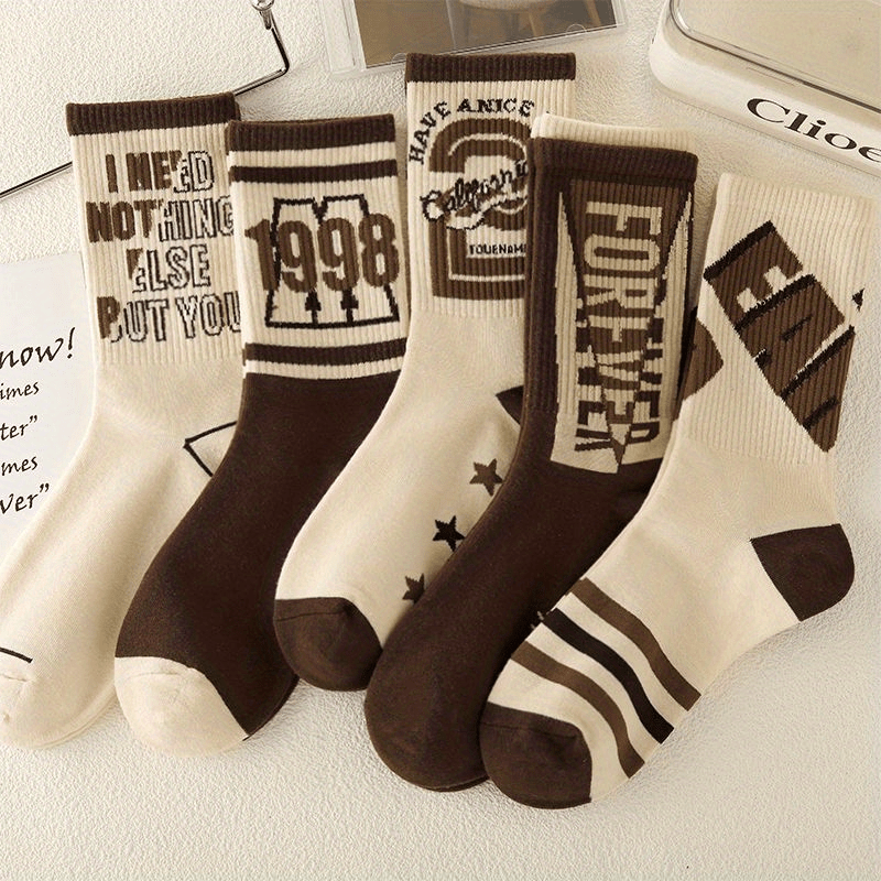 1/5/8 Pairs Women's Versatile Retro Letter Pattern Medium Tube Sport Socks,/MH