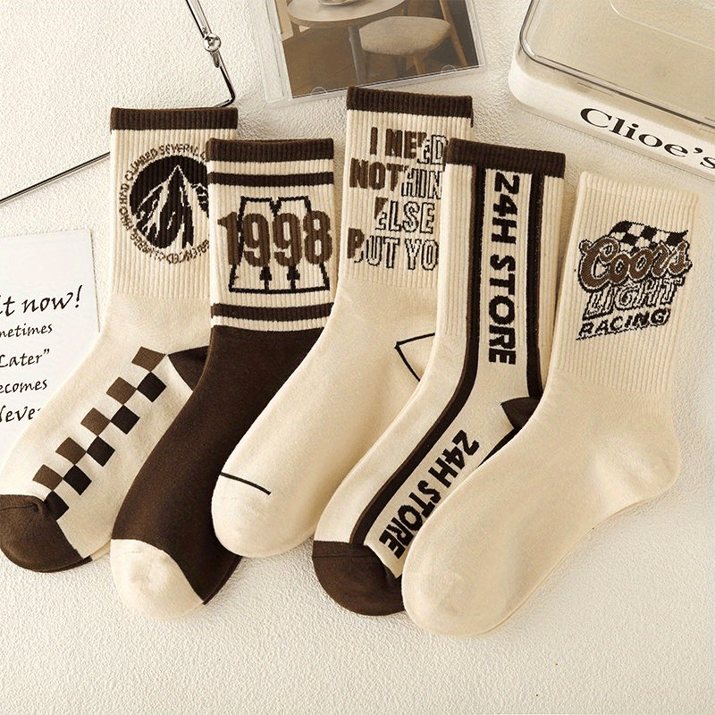 1/5/8 Pairs Women's Versatile Retro Letter Pattern Medium Tube Sport Socks,/MH