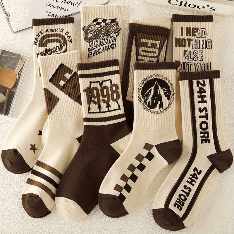 1/5/8 Pairs Women's Versatile Retro Letter Pattern Medium Tube Sport Socks,/MH