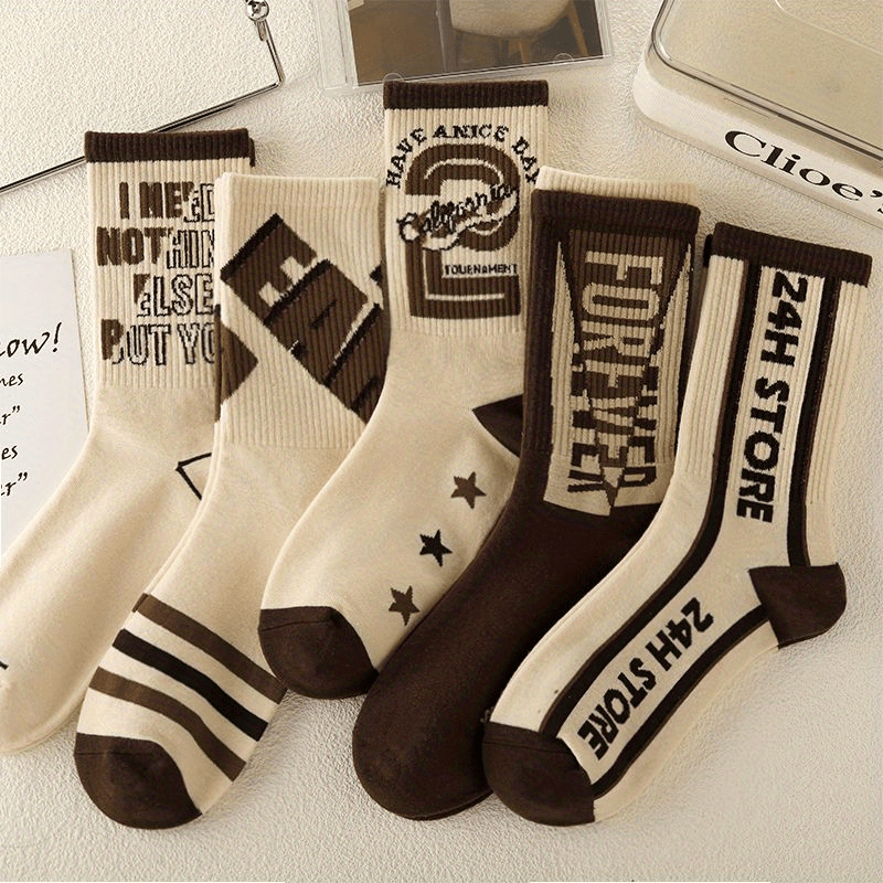 1/5/8 Pairs Women's Versatile Retro Letter Pattern Medium Tube Sport Socks,/MH
