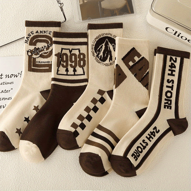 1/5/8 Pairs Women's Versatile Retro Letter Pattern Medium Tube Sport Socks,/MH