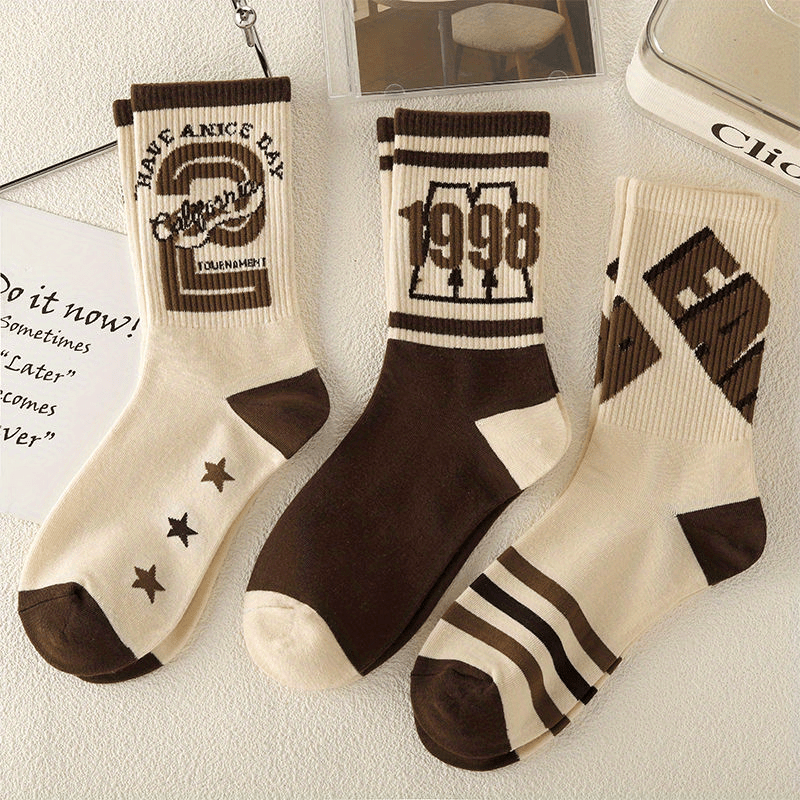 1/5/8 Pairs Women's Versatile Retro Letter Pattern Medium Tube Sport Socks,/MH