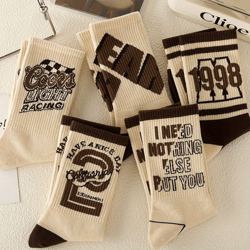 1/5/8 Pairs Women's Versatile Retro Letter Pattern Medium Tube Sport Socks,/MH