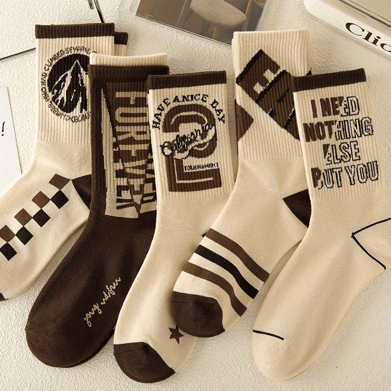 1/5/8 Pairs Women's Versatile Retro Letter Pattern Medium Tube Sport Socks,/MH