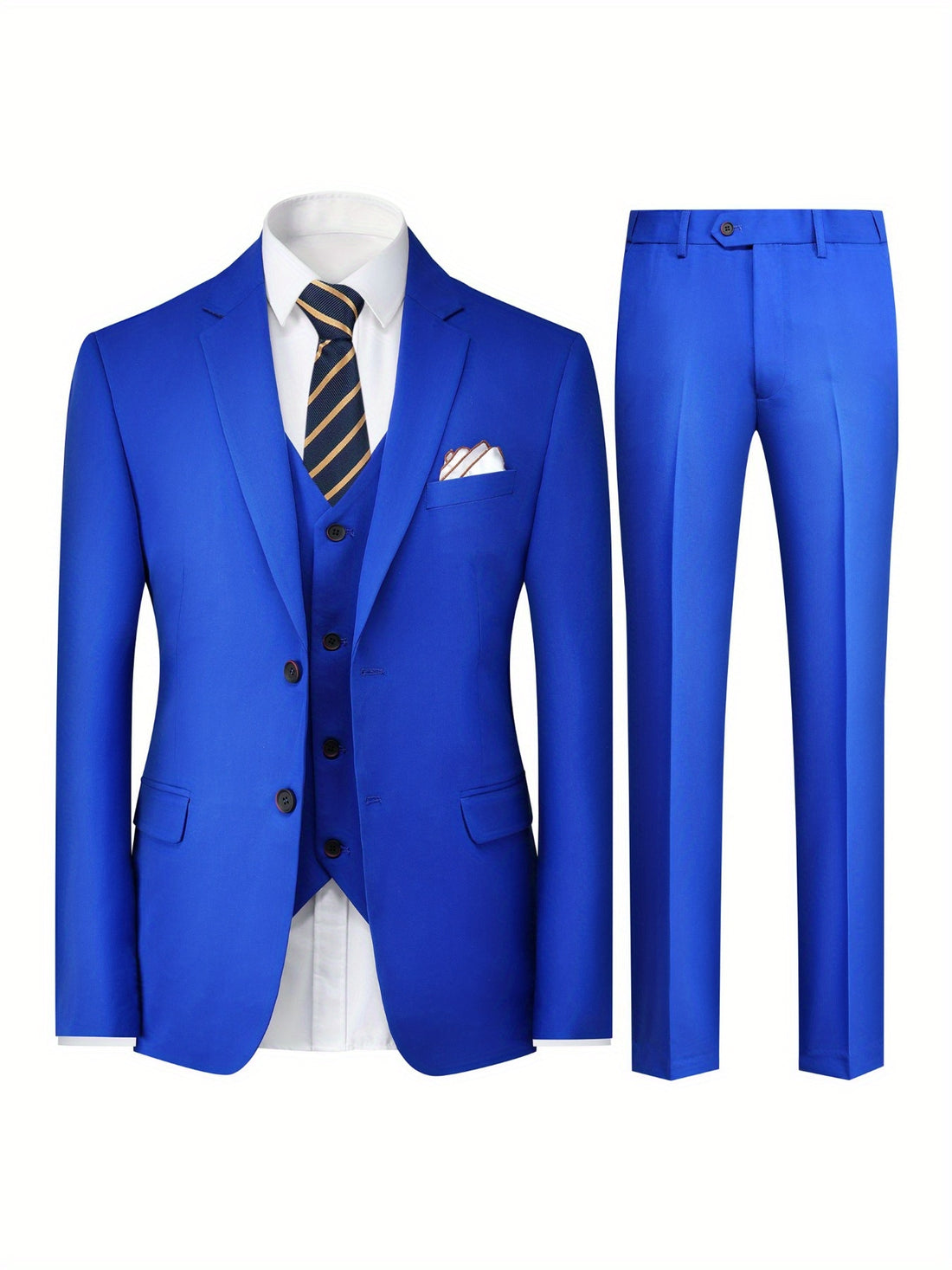 3-Piece Men's Solid Color Suit Set, Blazer Jacket + Vest + Pants,