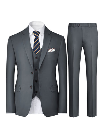 3-Piece Men's Solid Color Suit Set, Blazer Jacket + Vest + Pants,