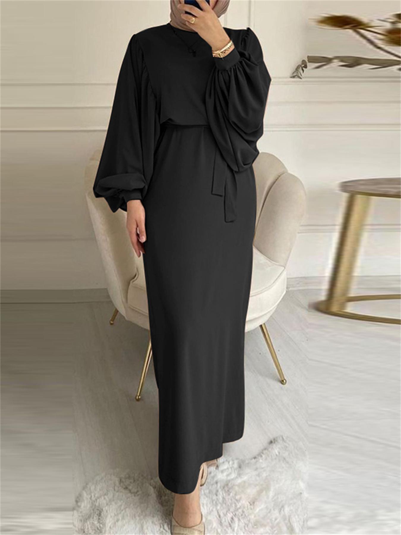 Lantern Sleeve Tie Waist Abaya, Elegant Crew Neck Dress, Women's Clothing./MH
