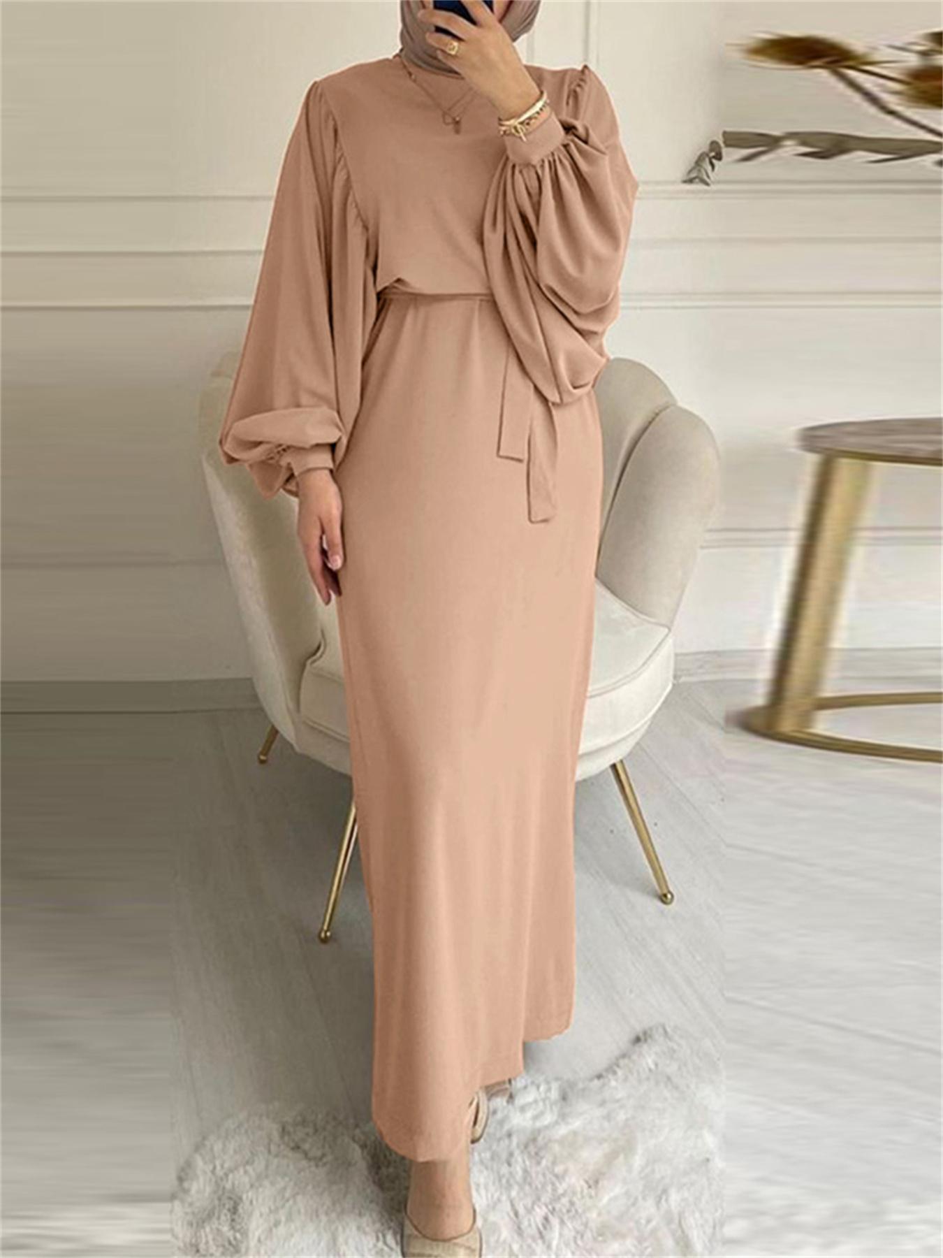 Lantern Sleeve Tie Waist Abaya, Elegant Crew Neck Dress, Women's Clothing./MH