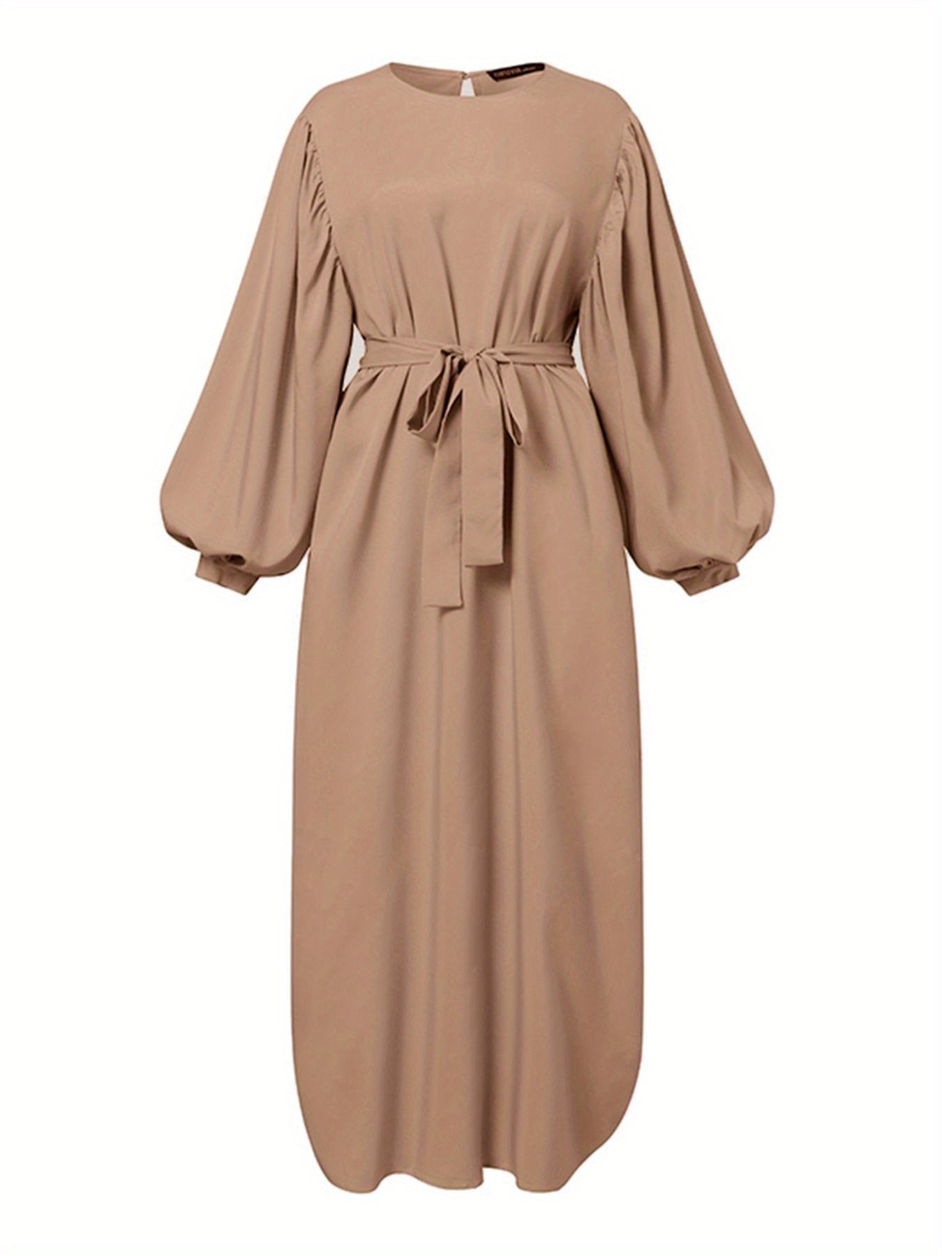 Lantern Sleeve Tie Waist Abaya, Elegant Crew Neck Dress, Women's Clothing./MH