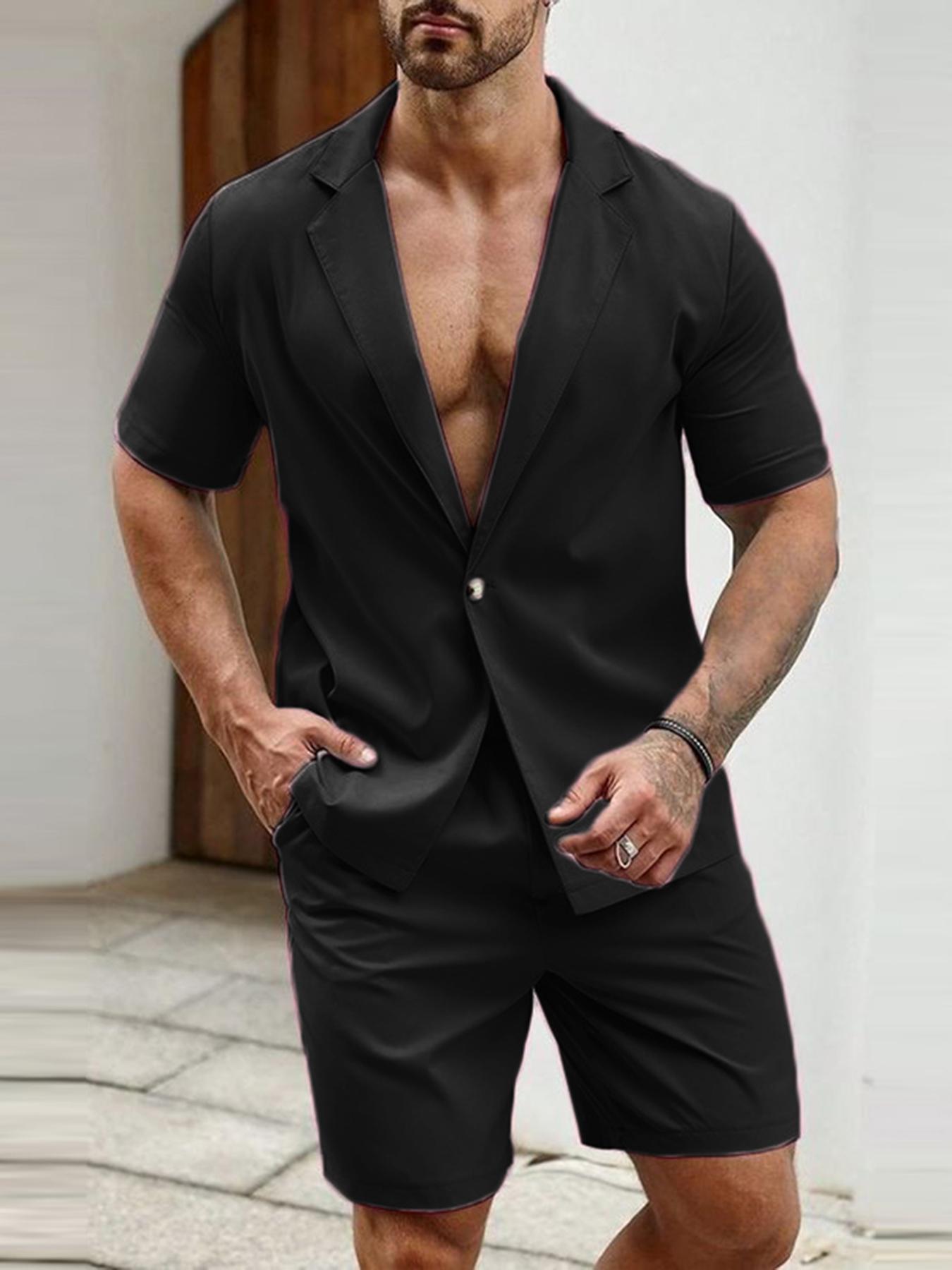 Men's Solid Color Summer Casual Blazer Suit Set, Short Sleeve Lapel Jacket.